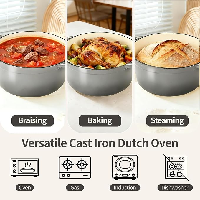 Enameled Cast Iron Dutch Oven with Lid -6.5 QT, incl. Sourdough Bread-Baking Supplies like Banneton Proofing Basket, Heavy Duty Cookware Bread-Oven for Baking, Stews, and Roasting, Gray