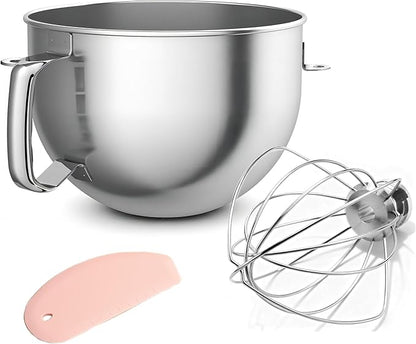 Stainless Steel Mixer Bowl and KN256 Whisk for Kitchenaid 6-7 Qt Bowl Lift Stand Mixer, Fit for KP26, KL26, KSM55/60/70 Ergonomic Handle, Polishesd Surface, Heavy Duty, with Scraper, Dishwasher Safe