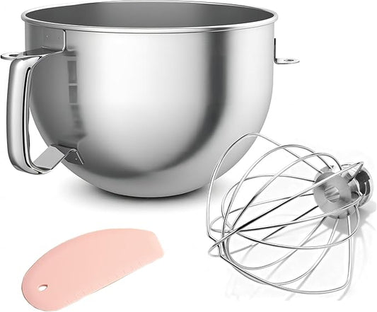 Stainless Steel Mixer Bowl and KN256 Whisk for Kitchenaid 6-7 Qt Bowl Lift Stand Mixer, Fit for KP26, KL26, KSM55/60/70 Ergonomic Handle, Polishesd Surface, Heavy Duty, with Scraper, Dishwasher Safe