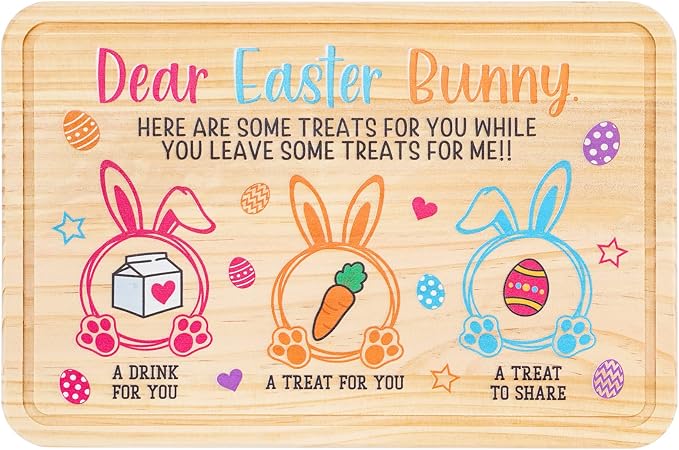 Whaline Easter Wooden Cookie Tray Dear Easter Bunny Cookie Plate Egg Carrot Drink Wooden Treat Plate Rectangle Easter Tray Bundle for Gifts Decoration Supplies, 11.8x7.8 Inch