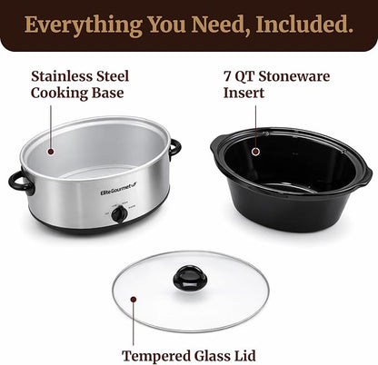 Elite Gourmet MST710 7 Quart Slow Cooker Pot, Removable Stoneware Insert, Tempered Glass Lid, Low/High/Keep Warm Settings, Dishwasher Safe, Cool-Touch Handles, One-Dial Control, Stainless Steel