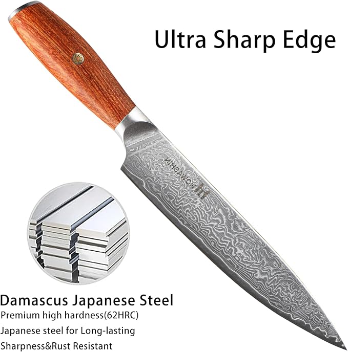 Santoku Knife 6.5 Inch Japanese Steel Damascus Kitchen Knife VG-10 Super Stainless Steel Professional High Carbon Super Sharp Kitchen Cooking Knife, Ergonomic Santos Rose Wooden Handle