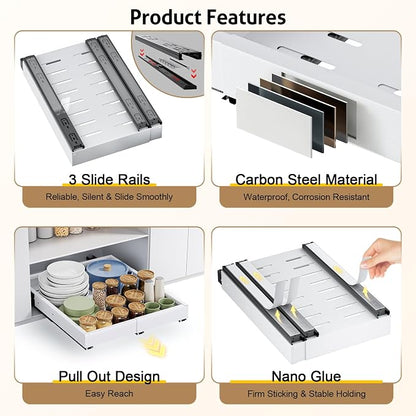 Pull Out Cabinet Organizer, Expandable Width (11.4"-18.9") Depth (16.3"-21.7") Pull out Drawers for Cabinets with 3 Rails, No Drill Adhesive Film or Nail Fixed Slide out Drawers for Kitchen, Pantry