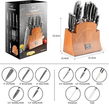16-Piece Damascus Knife Set with Block, VG10 67-Layer Damascus Steel Kitchen Knife Set with Triple-Rivet Handles, 6 Steak Knives, Meat Fork, Sharpener & Scissors, Natural Wood