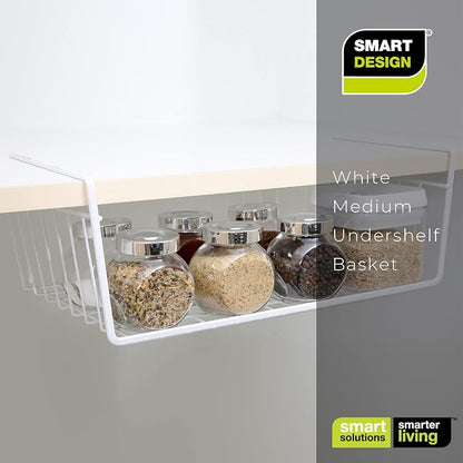 Smart Design Undershelf Storage Basket - Set of 6 - Medium - Snug Fit Arms - Steel Metal Wire Frame - Rust Resistant - Cabinet Pantry, Shelf Organizer Rack - Kitchen & Bathroom - 16 x 5.5 Inch - White