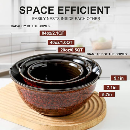 HASENSE Ceramic Mixing Bowls, Large Serving Dishes Set of 3 for Cooking, Baking, Prepping, Porcelain Nesting Bowls for Salads, Fruit, Popcorn, Cereal, 2.1/1.0/0.5 Qt, Dishwasher & Microwave Safe, Red