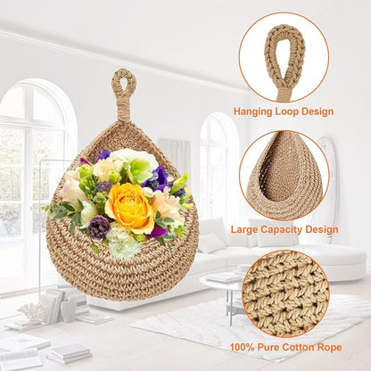 Hanging Fruit Baskets for Kitchen, 3 Pack Boho Hanging Wall Basket with 6 Pcs Strong Hooks, Teardrop Storage Baskets for Fruits, Vegetables, Onion - Decorative Organizing Wall Baskets for Home