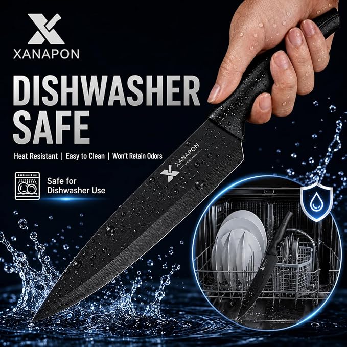 XANAPON Knife Set, 14 Pieces Kitchen Knife Set, High Carbon German Stainless Steel, Dishwasher Safe Cutlery with Built-in Knife Sharpener, Black