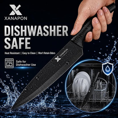 XANAPON Knife Set, 14 Pieces Kitchen Knife Set, High Carbon German Stainless Steel, Dishwasher Safe Cutlery with Built-in Knife Sharpener, Black