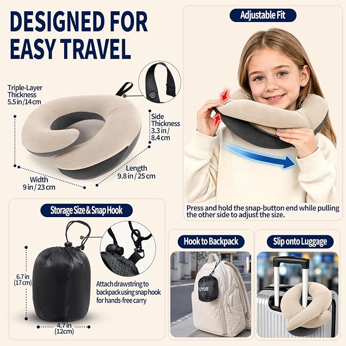 BUYUE Kids Travel Pillows for Airplane, Memory Foam 360° Head Support Sleeping Essentials for Long Flight, Skin-Friendly Soft Neck Pillow for Traveling in Car Seat, (Small, Beige Grey, 40-90 lbs)