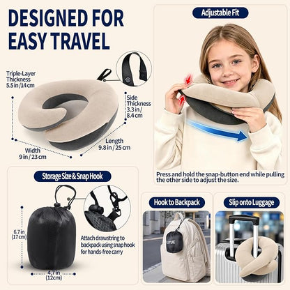 BUYUE Kids Travel Pillows for Airplane, Memory Foam 360° Head Support Sleeping Essentials for Long Flight, Skin-Friendly Soft Neck Pillow for Traveling in Car Seat, (Small, Beige Grey, 40-90 lbs)