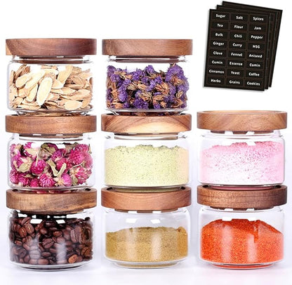 Tzerotone 8 Pcs Spice Containers - 8.5oz Glass Spice Jars With Acacia Airtight Lid and Labels - Stackable Empty Round Spice Bottles for kitchen Seasoning, coffee bean, tea, suger, herbs