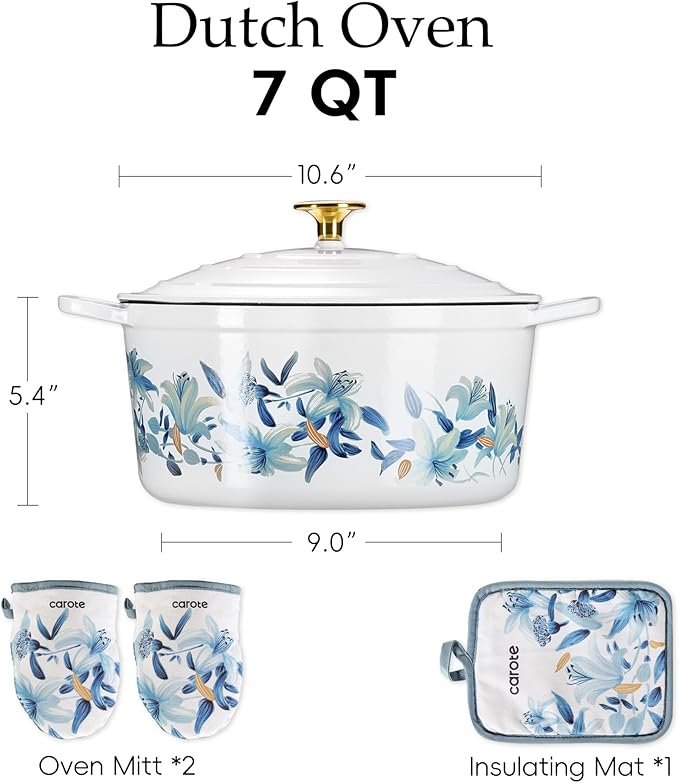 CAROTE 7 QT Enameled Floral Cast Iron Dutch Oven Pot with Lid, Cotton Potholders & Oven Gloves, Cast Iron Pot for Sourdough Bread Baking, All Stovetop Compatible, Oven Safe up to 500° F, White & Blue