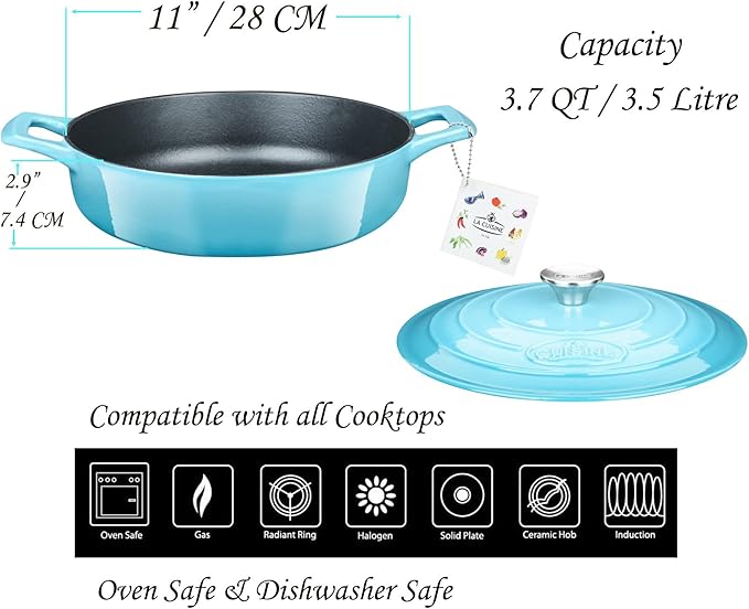 La Cuisine Enameled Cast Iron Braiser Sauté Pan Shallow Dutch Oven with Lid, 3.75 QT 11" / 28cm Dia. Internal Matt Black Enamel Coating, Teal, Oven Safe Up to 500° F, Induction Cooktop Compatible