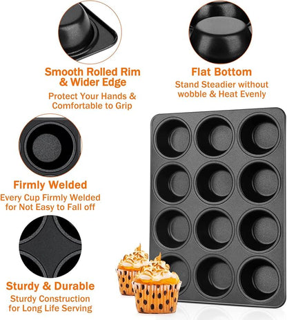 TeamFar Muffin Pan, 12 Cup Muffin Tin Cupcake Baking Pan with Stainless Steel Core & Nonstick Coating,for Making Mini Cakes Tarts, Healthy & Welded Firmly, Oven Safe & Anti-melt, Easy Release & Clean