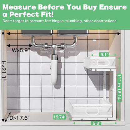 Under Sink Organizer, High Adjustable 2 Tier Under Sink Organizers and Storage, Slide out Metal Cabinet Organizers, Pull out Storage Drawer Shelf for Kitchen Bathroom Cabinet (1, White)