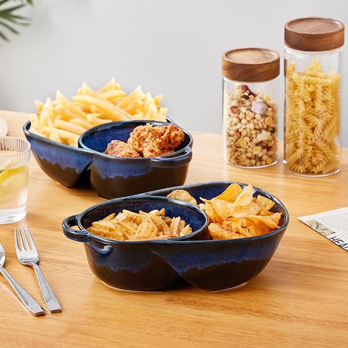 vancasso Starry Chip and Dip Bowl, Anti-Soggy Cereal Bowl, Soup and Sandwich Plate Combo, Breakfast Powls, Divided Snack Bowls Gifts for Wedding Housewarming Party, 2 Pack(Blue)