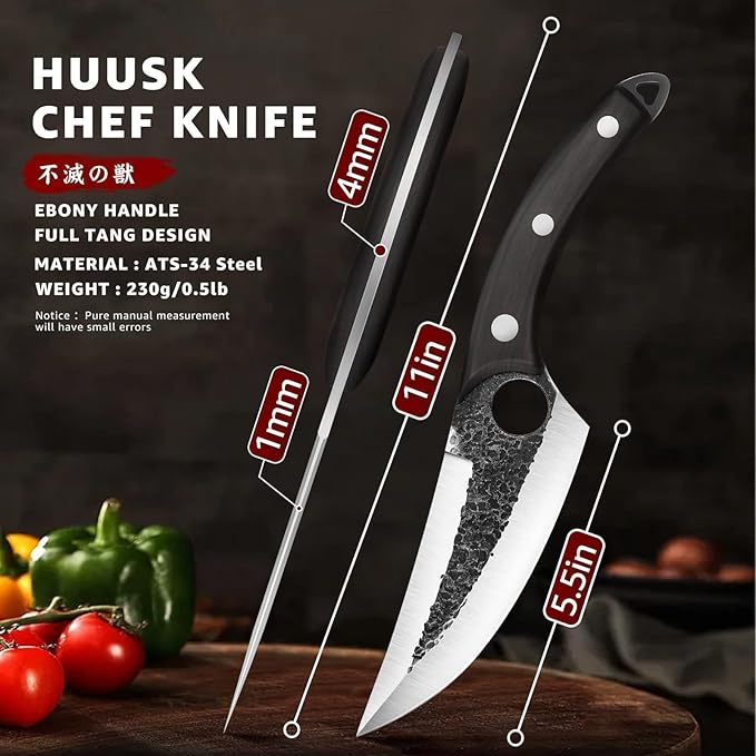 Huusk Viking Knife with Sheath Boning Knives for Meat Cutting, Caveman Ultimo Knives Hand Forged Full Tang Knives for Kitchen or Camping Christmas Gift for Men and Women