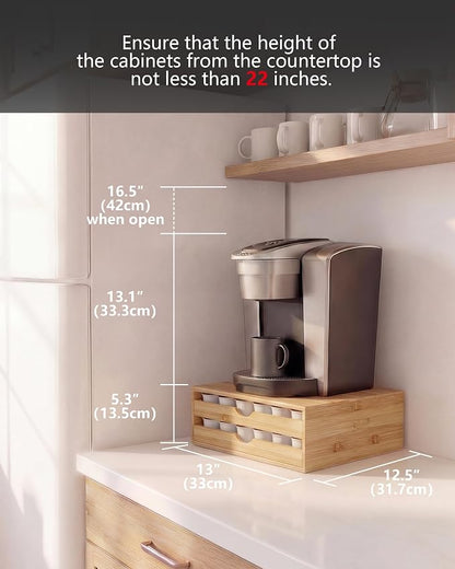 Bamboo Coffee Pod Drawer Organizer Compatible with K-Cups, Under Cabinet Coffee Station Storage Rack, Natural Wood Capsule Holder for 72 Pods, Countertop Coffee Machine Stand