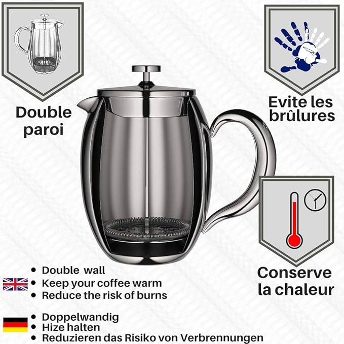 VeoHome - 0.75 litre plunger - Unbreakable and keeps the coffee hot for a long time thanks to its double stainless steel shell