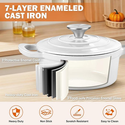Homikit 3 Quart Saucepan with Lid, Enameled Cast Iron Saucepan for All Cooktops, Heavy Duty Cast Iron Pot for Kitchen Cooking, Boiling, Nonstick & Heat Resistant Up to 500°F, White