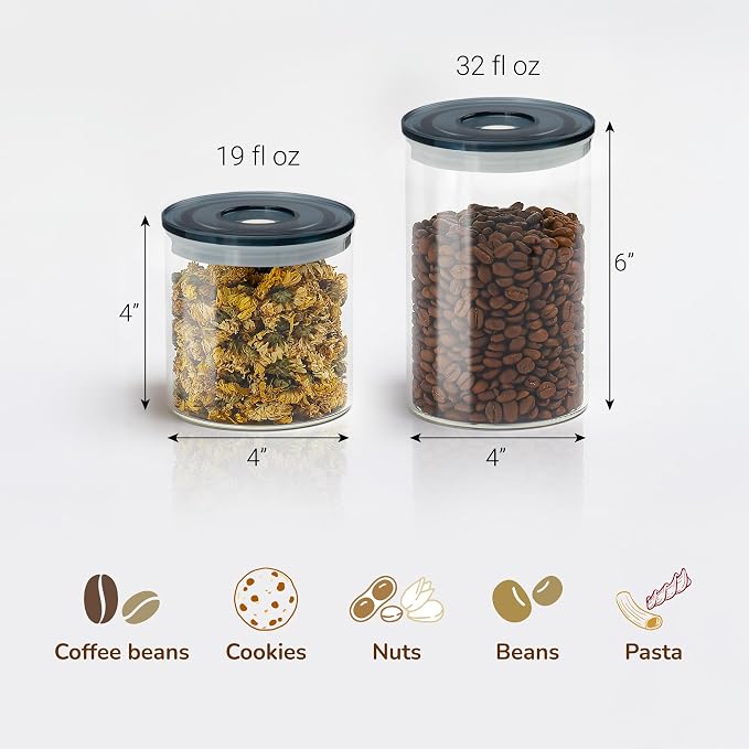 SealVax® VOYD Vacuum Coffee Canister Set – 32oz orosilicate Glass Jars with Airtight Lids for Coffee Beans, Tea & Food Storage.(without pump)