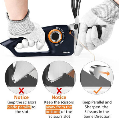 Longzon 6-in-1 Knife Sharpener 5 Stage with Cut-Resistant Glove, Manual Kitchen Tool for Straight & Serrated Knives, Quickly Sharpens Restores & Polishes Dull Blades Safe for Home Kitchen, Navy+Orange
