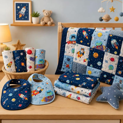 DMFR Galaxy Fabric Squares 5 x 5 Inch, 42 Pcs Cotton Charm Pack Fabric for Quilting, Space Precut Quilt Squares with Rocket Planet Prints for Baby Boy, Kids Sewing, Patchwork and DIY Crafts