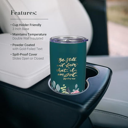 Christian Art Gifts Large Stainless Steel Inspirational Travel Mug Tumbler for Women: Be Still & Know Encouraging Scripture, Vacuum Insulated, Hot/Cold, Retractable Lid, Teal Multicolor Foral, 18 oz.