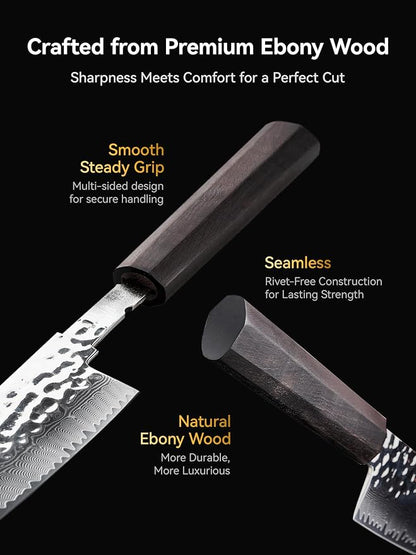SUNLY Japanese Chef Knife, 8 Inch Damascus Kitchen Knife with VG10 Core, 67 Layer Steel, Hand Hammered Finish, Octagonal Handle for Better Control for Meat, Fruits, Vegetables, Gift for Father