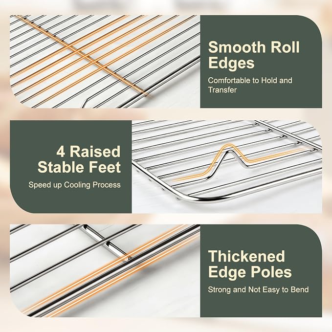 Stainless Steel Baking Sheet Tray Cooling Rack with Silicone Baking Mat Set, 16 x 12 x 1 Inch Cookie Sheet Pan with Wire Rack Set, Set of 6 (2 Sheets + 2 Racks + 2 Mats), Heavy Duty & Rust Proof