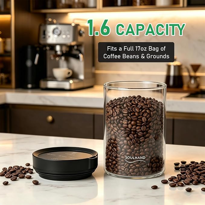 SOUL HAND Coffee Vacuum Canister, 1.6L Electric Auto Vacuum Seal Lid with Touch Screen, Airtight Glass Storage Jar for Coffee Bean Grounds & Food, 17oz