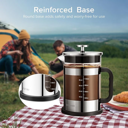 QUQIYSO French Press Coffee Maker 51oz 304 Stainless Steel French Press with 4 Filter, Heat Resistant Durable, Easy to Clean, Borosilicate Glass Coffee Press, Sliver