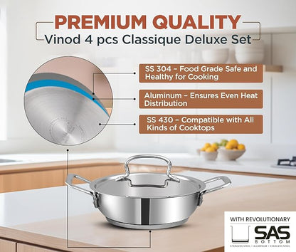Vinod Classic Deluxe Stainless Steel Cookware Combo Set of 4 Pcs/Saucepan, Saucepot, Kadai and Frypan/Deep Kadhai for Cooking/Heavy Induction Bottom