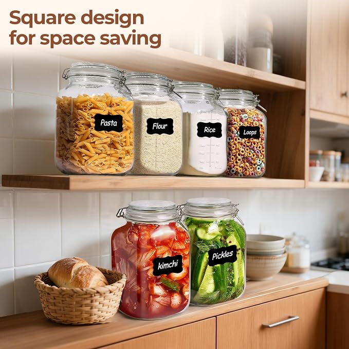 ComSaf 1 Gallon Square Glass Jars with Airtight Lids (135oz, Set of 2), Extra-Wide Mouth Canisters with Measurement Marks for Bulk Flour Storage, Fermenting Kombucha & Pickling