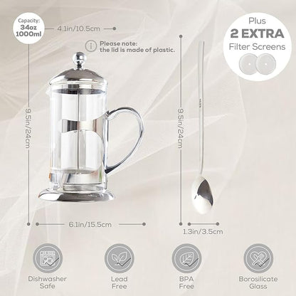 DUJUST Silver French Press Coffee Maker, Luxury Design French Coffee Press with 4-Level Filter System, High-Grade Glass for Hot & Cold Resistance, Include Long Size 304 Stainless Steel Spoon - 34oz