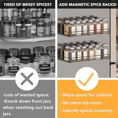 SpaceAid 2 Pack Magnetic Spice Rack with 24 Spice Jars, 400 Labels and Funnel, Space Saving Refrigerator Fridge Oven Shelf Organizer