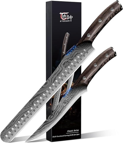 SYOKAMI Brisket Slicing Knife Set, Carving and Boning Knife for Meat & Turkey Cutting, Japanese Style High Carbon Steel Kitchen Knives Set For Home & BBQ, Wood Ergonomic Full Tang Handle, Ideal for Gift