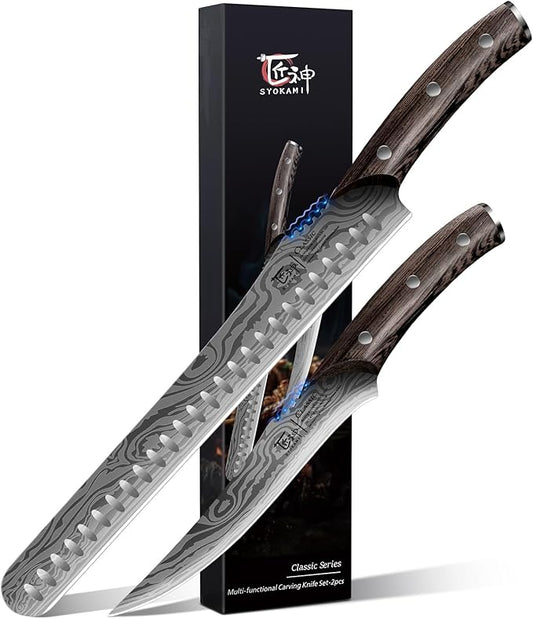 SYOKAMI Brisket Slicing Knife Set, Carving and Boning Knife for Meat & Turkey Cutting, Japanese Style High Carbon Steel Kitchen Knives Set For Home & BBQ, Wood Ergonomic Full Tang Handle, Ideal for Gift