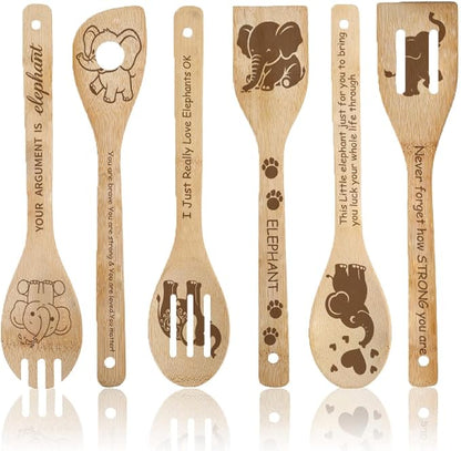 6Pcs 6 Styles Elephant Cooking Utensils for Kitchen 11.8 x 2.4 Inch Bamboo Kitchen Spoons Durable Wood Spoons Set for Housewarming Wedding Birthday Gift Farmhouse Apartment Accessories