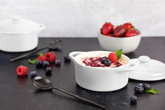 Kook Ceramic Mini Cocotte Set, Small Casserole Dishes with Lids and Handles, Individual Baking Ramekins, Oven safe 350F, Microwave & Dishwasher Safe, Stoneware, 12 oz, Set of 4, (Swiss White)