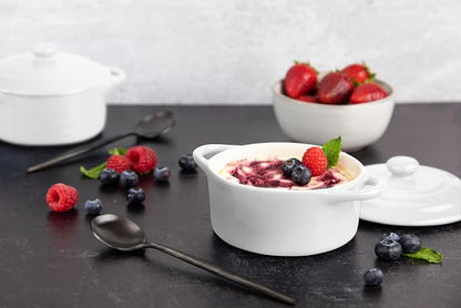 Kook Ceramic Mini Cocotte Set, Small Casserole Dishes with Lids and Handles, Individual Baking Ramekins, Oven safe 350F, Microwave & Dishwasher Safe, Stoneware, 12 oz, Set of 4, (Swiss White)