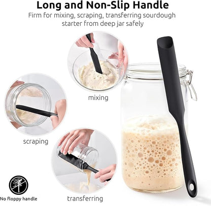 U-Taste Silicone Jar Spatula for Sourdough Starter: Long Skinny Food-Grade Jam Spreader, Sturdy Stirring Stick Bowl Scraper with Flexible Spoon Tip, Mixing Icing Tool, Peanut Butter Knife (Black)