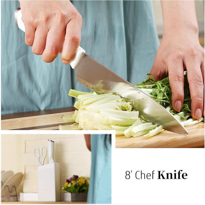 White Knife Set with Block, 7 Pieces Small Knife Block Set with Stainless Steel Blade Ergonomic Handle, Kitchen Knives Set Gifts for Chef