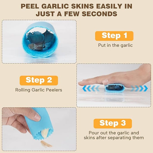 Cook Guy 304 Stainless Steel Garlic Press Rocker Set - Premium Garlic Mincer, Crusher, Peeler, and Scraper Tool for Effortless Mincing - Comfortable Grip Garlic Grinder (Gold)