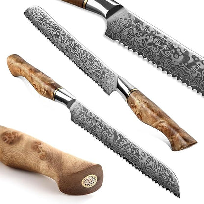 HEZHEN 8.3-Inch Bread Knife – 67 Layers Damascus Steel, Professional Serrated Slicer for Sourdough & Artisan Bread, Figured Sycamore Handle