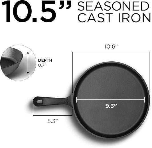 Commercial CHEF 10.5-Inch Cast Iron Round Griddle, Pre-Seasoned Cast Iron, Integrated Hanging Hole in Handle, Works on All Cooktops Including Induction, Outdoor Skillet for Campfires, CHFL911