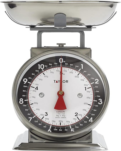 Taylor Mechanical Kitchen Food Scale with Bowl, Weighs Up to 11lbs, Measures in Grams and Ounces, Analog Cooking Scale for Baking, Black and Silver