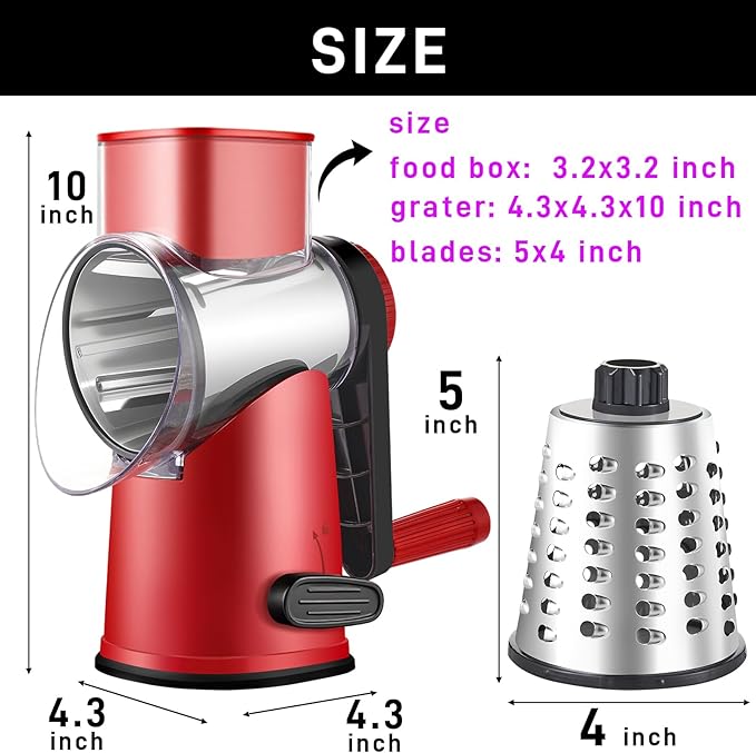 Weltonhm Rotary Cheese Graters with 4 Blades, Large Hand Crank Cheese Grater with Waffle Slicer, Red Cheese Shredder with Suction Base, Easier for Shredding & Grating (Red and black, 4 Graters)
