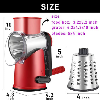 Weltonhm Rotary Cheese Graters with 4 Blades, Large Hand Crank Cheese Grater with Waffle Slicer, Red Cheese Shredder with Suction Base, Easier for Shredding & Grating (Red and black, 4 Graters)